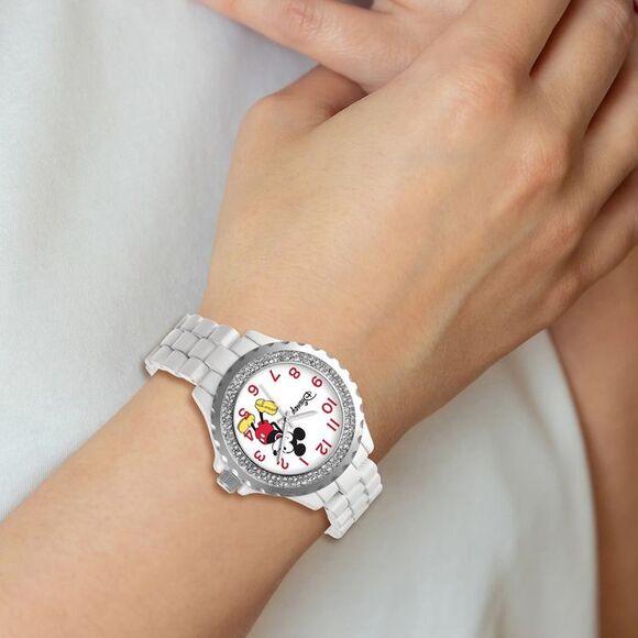 Disney Ladies Size White Band w/ Crystal Bezel Mickey Mouse Watch - Picture 2 of 2